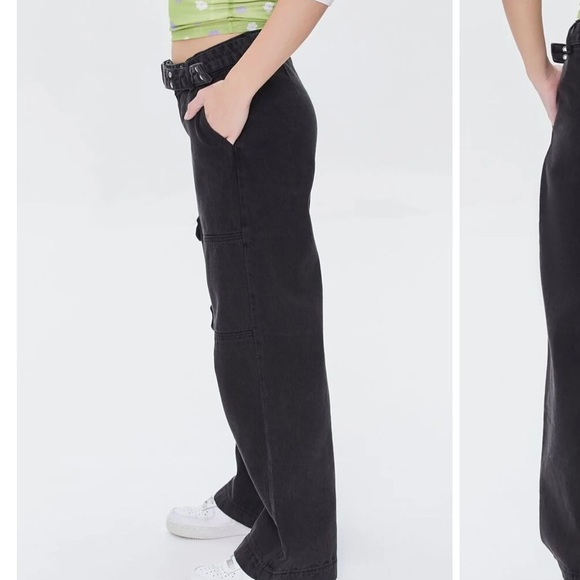 Forever 21 washed black denim belted cargo jeans size 25 goth straight leg punk - Picture 3 of 9